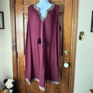 Lord & Taylor Burgundy Sleeveless Dress w/Gold Embroidered Trim Size 3X